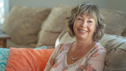 Head shot close up portrait happy healthy middle aged woman sitting on comfortable couch at home Smiling pleasant 50s elderly mother looking at camera posing for photo in modern living : Generative AI