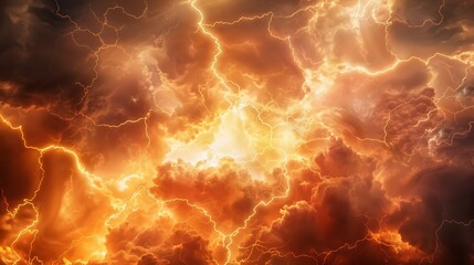 Poster - Gray yellow orange sky with clouds view Dramatic skies background with space for design Dark gloomy storm clouds Lightning fire bright flash explosion in the sky Armageddon horror scar : Generative AI