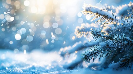 Poster - Christmas winter snow background with fir branches macro with soft focus and snowfall in blue tones with beautiful bokeh in sunny day copy space : Generative AI