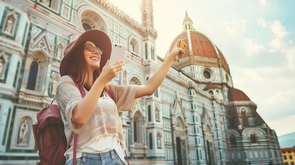 Tourist female visiting Florence cathedral Italy Traveller girl taking selfie portrait in front of Il Duomo di Firenze or Basilica di Santa Maria del Fiore Italian touristic attraction : Generative AI