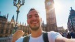 Smiling man taking selfie portrait during travel in London England Young tourist male taking holiday pic with iconic england landmark Happy people wandering around Europe concept : Generative AI
