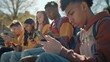 © Generative AI - Group of multiracial young people using smart mobile phone device outdoors Happy university students watching cellphones sitting in college campus Teenagers addicted to social media te : Generative AI