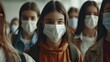 Portrait of a group of students covered by face masks New normal lifestyle concept with young people going to school : Generative AI