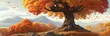 大きな木、秋の風景、紅葉、青空と雲、イラスト素材、背景｜Big tree, autumn landscape, autumn leaves, blue sky and clouds, illustration material, background. Generative AI