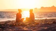 Side view of a full body of two friends or couple silhouette of teens sitting and talking at sunrise on the beach with the sun in the middle : Generative AI
