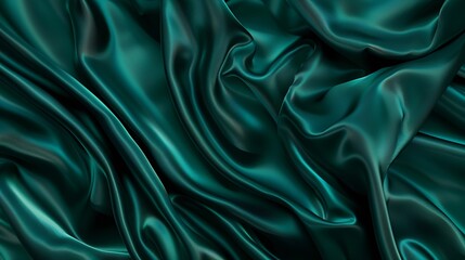 Poster - Dark teal green silk satin Shiny smooth fabric Soft folds Luxury background with space for design Banner Wide Long Flat lay top view table Birthday Christmas Valentine New year Panoram : Generative AI