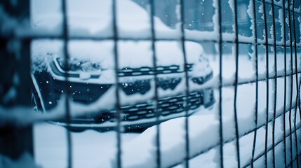 Poster - Car in winter in a frame of a metal fence grid under the snow in the city : Generative AI