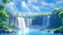 Waterfall In The Forest. Seamless Looping Time-lapse 4k Video Animation Background