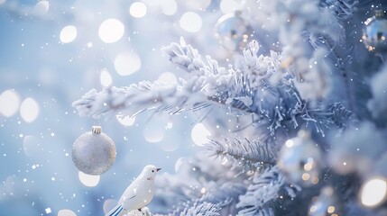 Aufkleber - White Christmas tree decorated with silver golden Christmas balls and beautiful blue bird good luck on sparkling and fabulous fairy blue evening sky with falling snow with beautiful bo : Generative AI