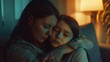 Worried parent young mom comforting depressed crying teen daughter bonding at home Loving understanding mother apologizing or supporting sad teenage girl having psychological puberty p : Generative AI
