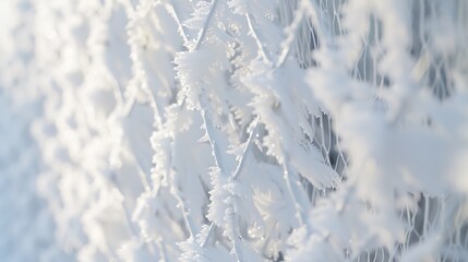 Details metal mesh in the snow fence covered by snow and hoarfrost Beautiful white fence net snow outdoors in winter closeup : Generative AI
