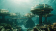 A futuristic underwater cityscape with advanced architecture and marine life realistic stock photography