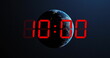 Image of red digital timer changing with globe on black background