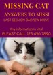 Composition of poster with missing cat text over owner holding cat on purple background