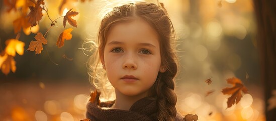 Sticker - Adorable little girl with long hair wearing a cozy brown sweater in a cozy autumn setting