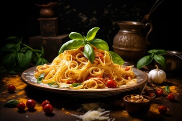 Wall Mural - Savory Italian pasta dish. Tomato dinner meal. Generate Ai