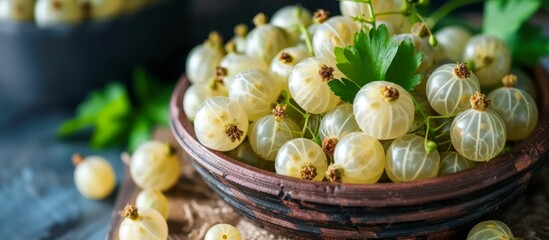 Poster - Elegant white flower arrangement in a porcelain bowl on wooden table