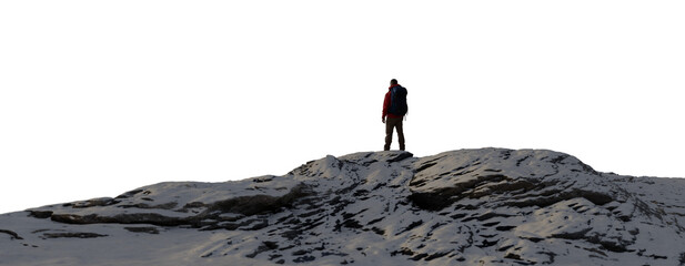 Adventure Man Hiker standing on top of Snowy, Rocky Mountain Peak. PNG Cutout. 3d Rendering.