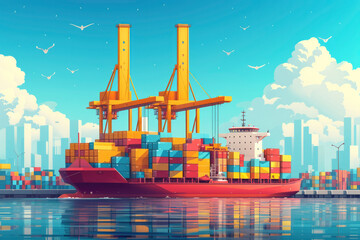 Industrial port vector concept: Container ship loading containers in the port