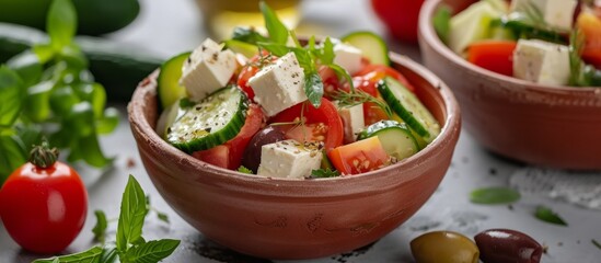 Poster - Fresh and colorful bowl of salad with juicy tomatoes, flavorful cus, cus, and vibrant fescutes