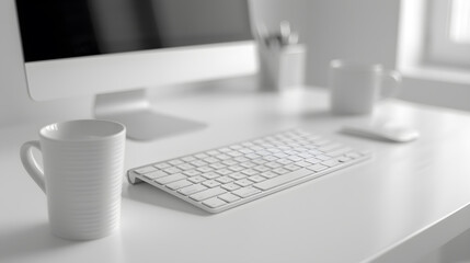 typical office desktop, ultra minimalist set, keyboard fragment