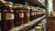 A shelf lined with jars of homemade jams and jellies with handwritten labels and a rustic country feel.