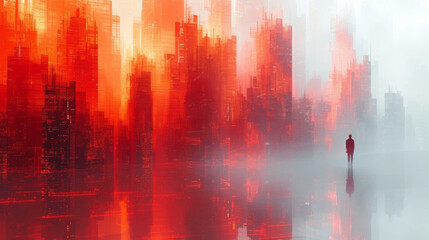 Wall Mural - An abstract visualization of the real estate finance market resembling a futuristic cityscape with towering skyscrapers and interconnected highways. Each building represents a