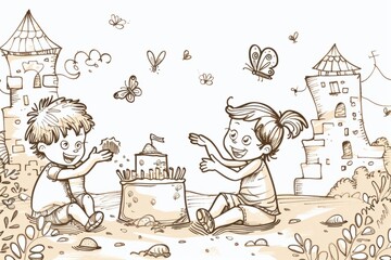  Cartoon cute doodles of siblings playing with toys together, building Lego towers and racing toy cars, Generative AI
