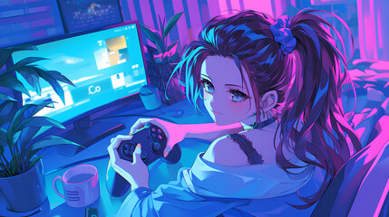 Canvas Print - cute anime girls playing games