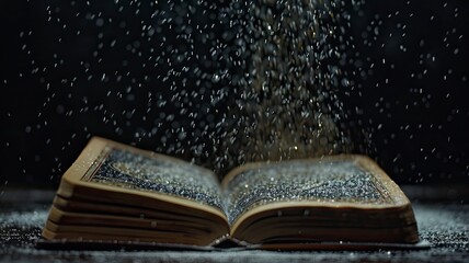 Wall Mural - A still-life image of Koran (Holy Book of Muslims) on dark black background, with sprinkles falling on. - generative ai