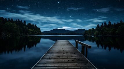 A starry night sky reflecting on a calm lake, with a dock leading into the water. 