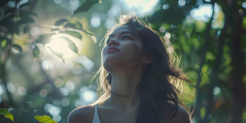 A tranquil young lady looks up, bathed in soft light amidst verdant foliage