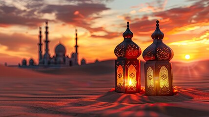 Wall Mural - Arabic lanterns with burning candles in the desert with a mosque and sunset in the background, copy space - generative ai