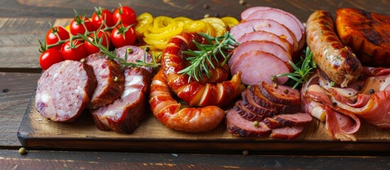 Wall Mural - Rustic wooden cutting board with assorted types of meats for a gourmet cooking experience