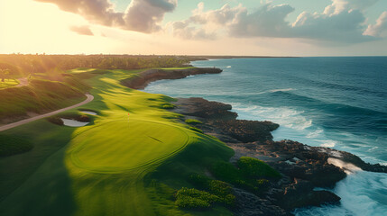 resort golf course by the ocean, on a beautiful sunny day. A long hole par 5 hole by the sea shore. aerial shot