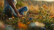 © Justlight - A person sits crosslegged on a soft patch of grass eyes closed in deep meditation. Around colorful wildflowers sway in the gentle breeze creating a serene and peaceful