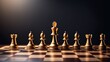  Gold king chess stands in a row with a number of chess pieces on board, game for ideas and competition and strategy, business success concept. Black background.
