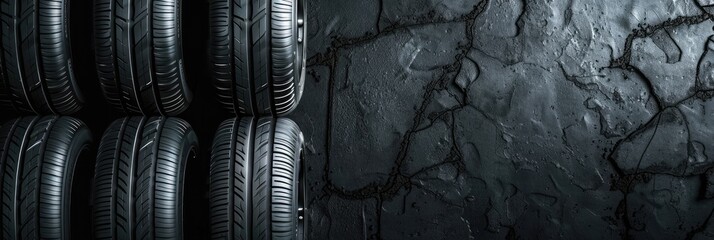 Wall Mural - A set of new car tires arranged neatly on a textured black background, highlighting tread patterns and rubber quality