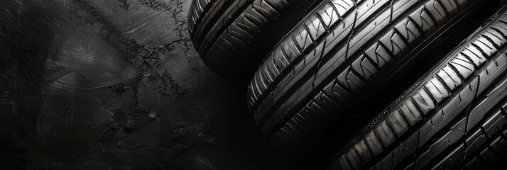 Wall Mural - A set of new car tires arranged neatly on a textured black background, highlighting tread patterns and rubber quality