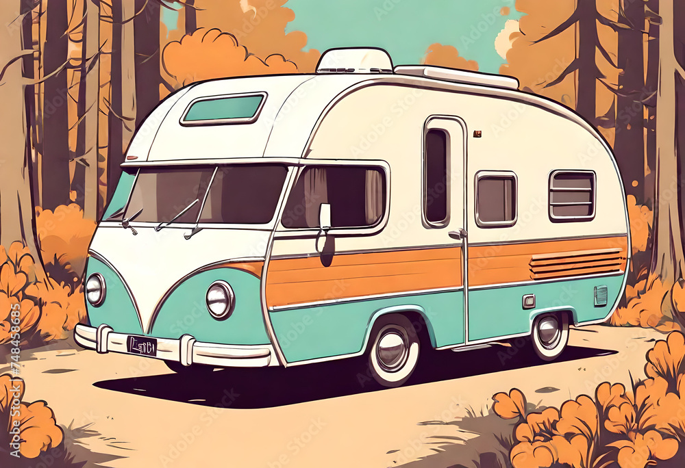 cartoon illustration of a fictional unbranded vintage camper with retro ...