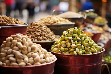 Profitable Pistachio nuts market basket. Green nutrition. Generate Ai