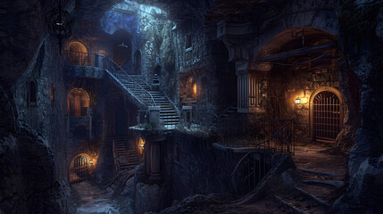 underground dungeon, fantasy adventure tabletop role play game setting, background, dark and creepy