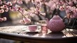 Tea table in a blooming cherry blossom grove, spring dawn
