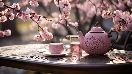 Wall Mural - Tea table in a blooming cherry blossom grove, spring dawn