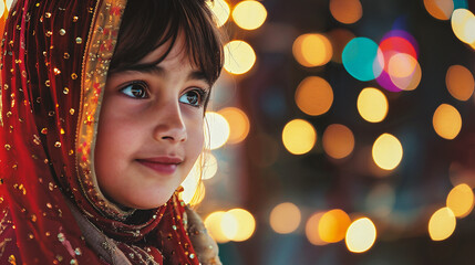Wall Mural - Portrait of a beautiful little girl wearing a headscarf and looking at the camera