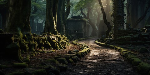 Wall Mural - Twilight serenity in an ancient forest with a cobblestone path