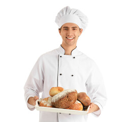 Poster - Handsome young chef holding tray with fresh bread on white background