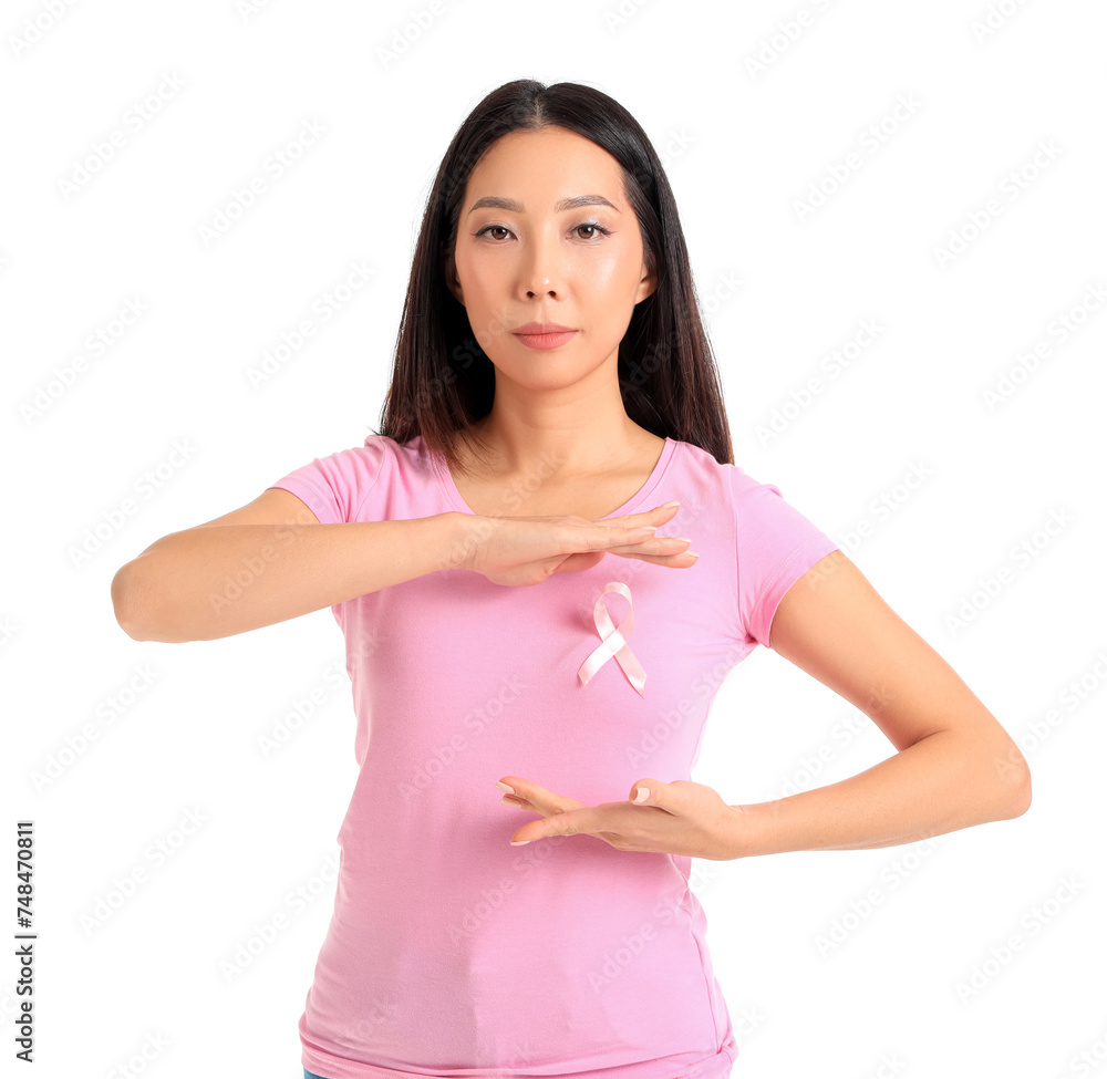 Young Asian woman with pink ribbon on white background. Breast cancer awareness concept