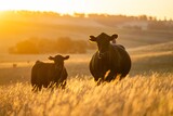 Fototapeta Sawanna - beautiful cattle in Australia  eating grass, grazing on pasture. Herd of cows free range beef being regenerative raised on an agricultural farm. Sustainable farming of food crops. Cow in field