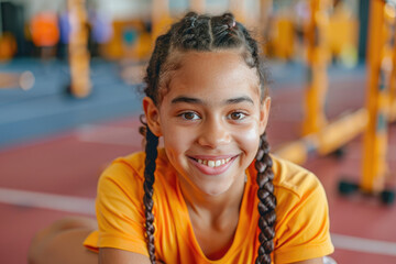 Canvas Print - portrait of a school girl stretches during PE class at school gym